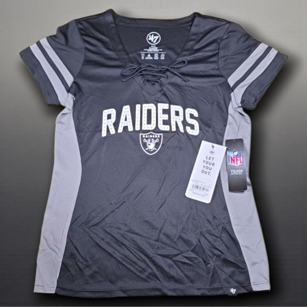 47 Brand Oakland Raiders Lace Up Rhinestone V Neck Tee Medium NWT Black Grey